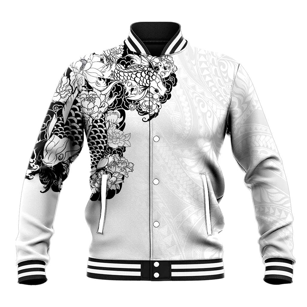 Hawaiian and Japanese Together Baseball Jacket Japanese Koi Fish Tattoo and Kakau Pattern White Color