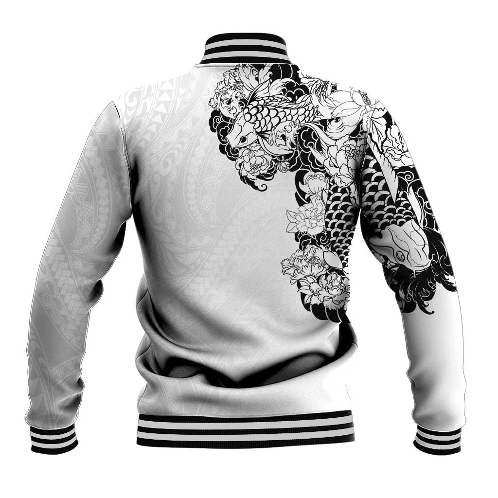 Hawaiian and Japanese Together Baseball Jacket Japanese Koi Fish Tattoo and Kakau Pattern White Color
