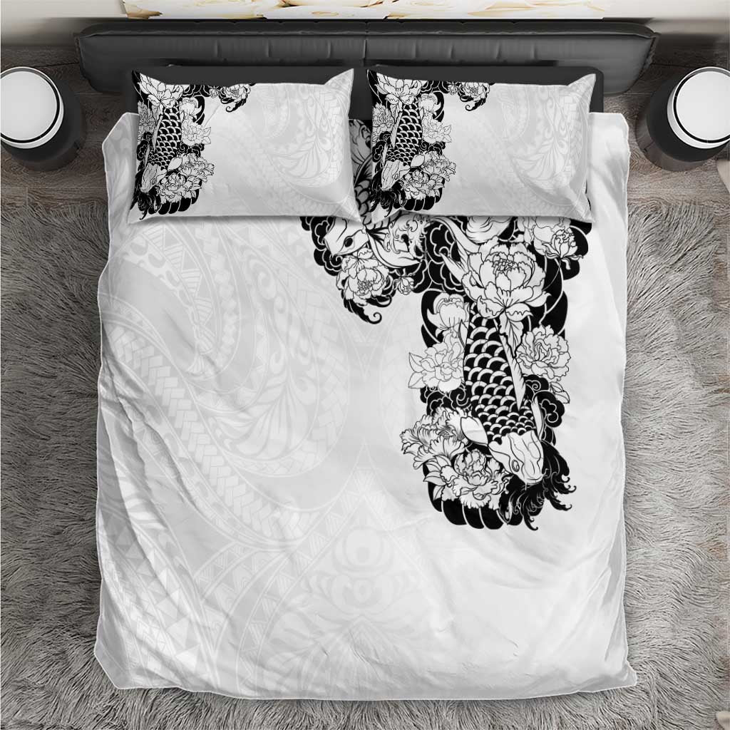 Hawaiian and Japanese Together Bedding Set Japanese Koi Fish Tattoo and Kakau Pattern White Color