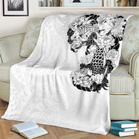 Hawaiian and Japanese Together Blanket Japanese Koi Fish Tattoo and Kakau Pattern White Color