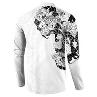 Hawaiian and Japanese Together Button Sweatshirt Japanese Koi Fish Tattoo and Kakau Pattern White Color