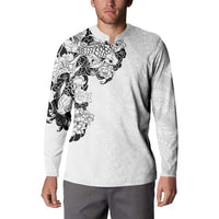 Hawaiian and Japanese Together Button Sweatshirt Japanese Koi Fish Tattoo and Kakau Pattern White Color
