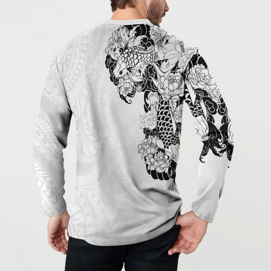 Hawaiian and Japanese Together Button Sweatshirt Japanese Koi Fish Tattoo and Kakau Pattern White Color