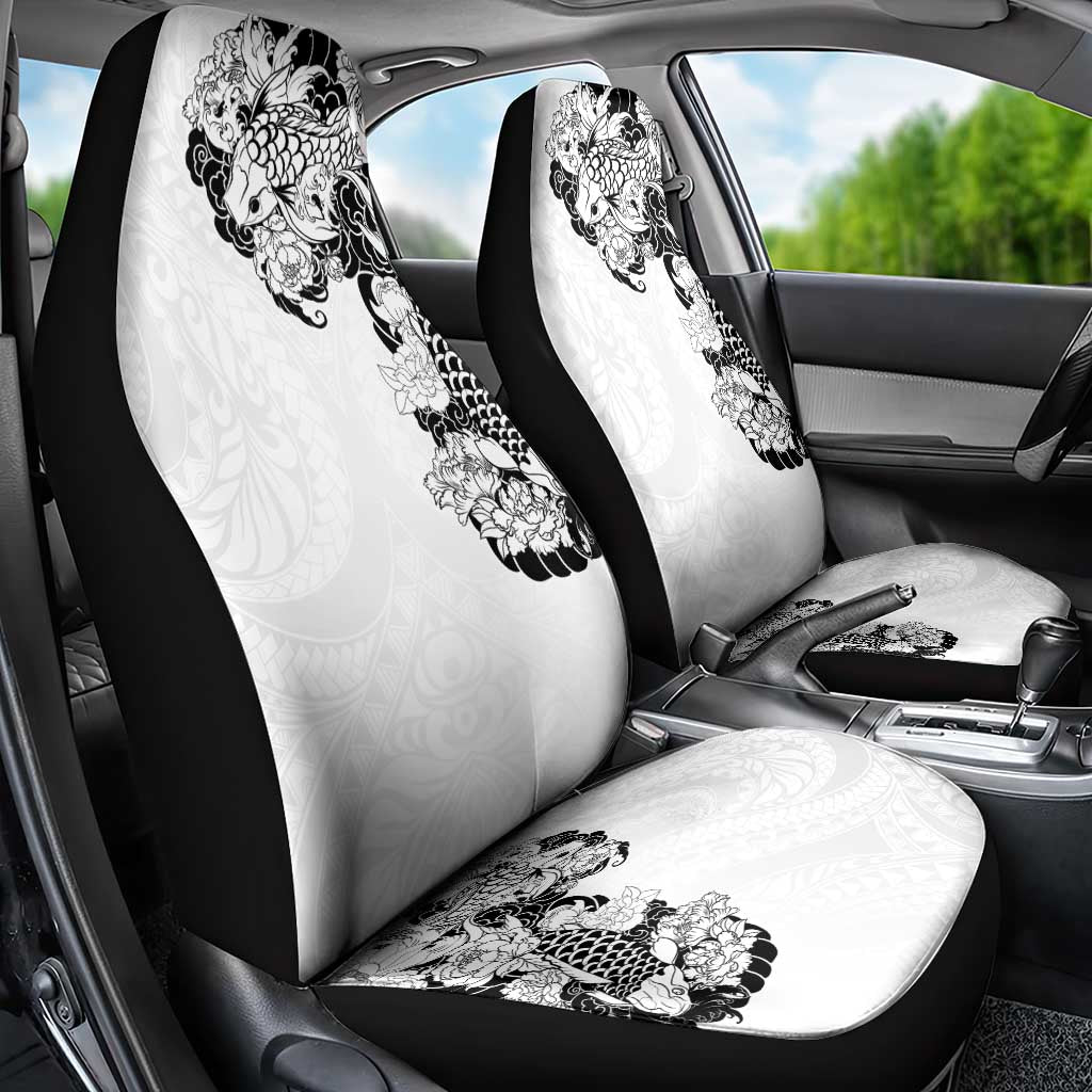 Hawaiian and Japanese Together Car Seat Cover Japanese Koi Fish Tattoo and Kakau Pattern White Color
