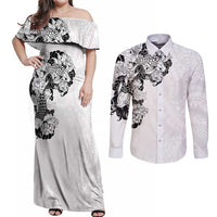 Hawaiian and Japanese Together Couples Matching Off Shoulder Maxi Dress and Long Sleeve Button Shirt Japanese Koi Fish Tattoo and Kakau Pattern White Color