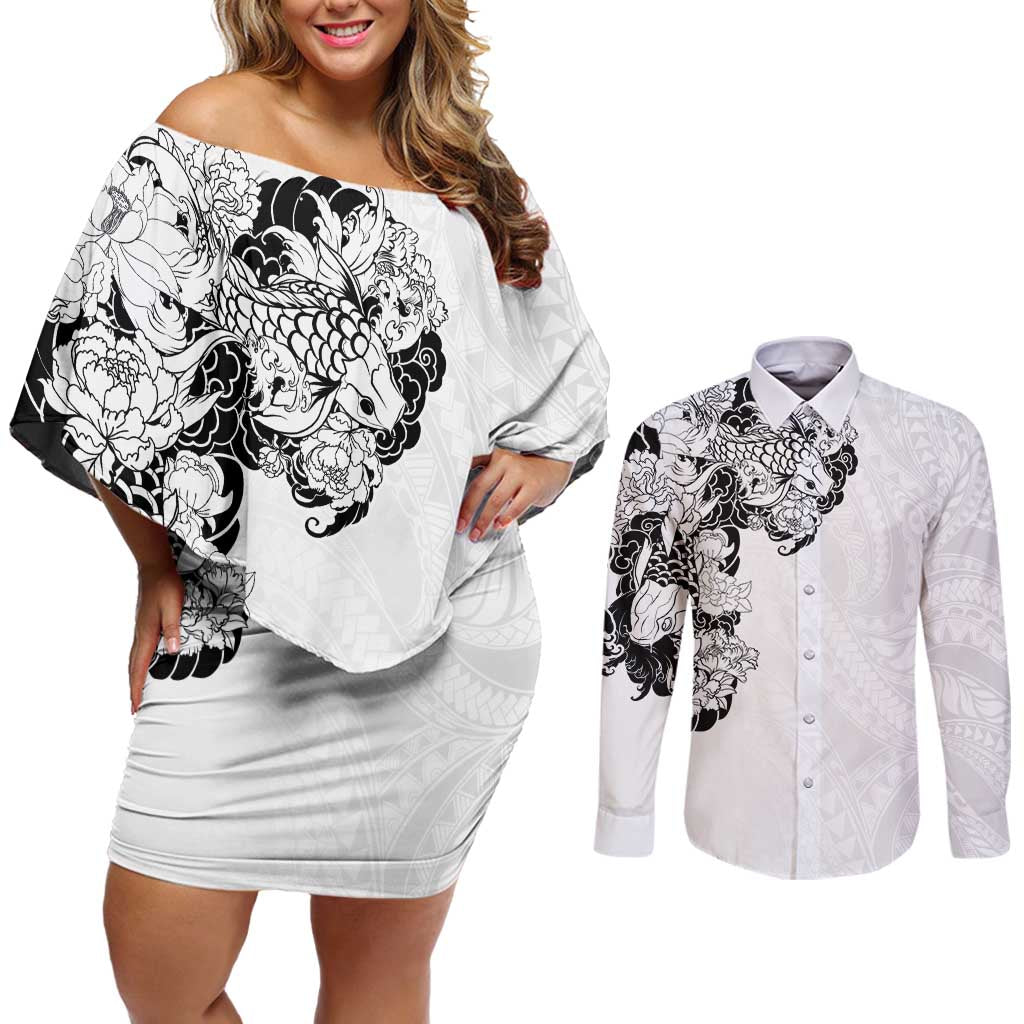 Hawaiian and Japanese Together Couples Matching Off Shoulder Short Dress and Long Sleeve Button Shirt Japanese Koi Fish Tattoo and Kakau Pattern White Color