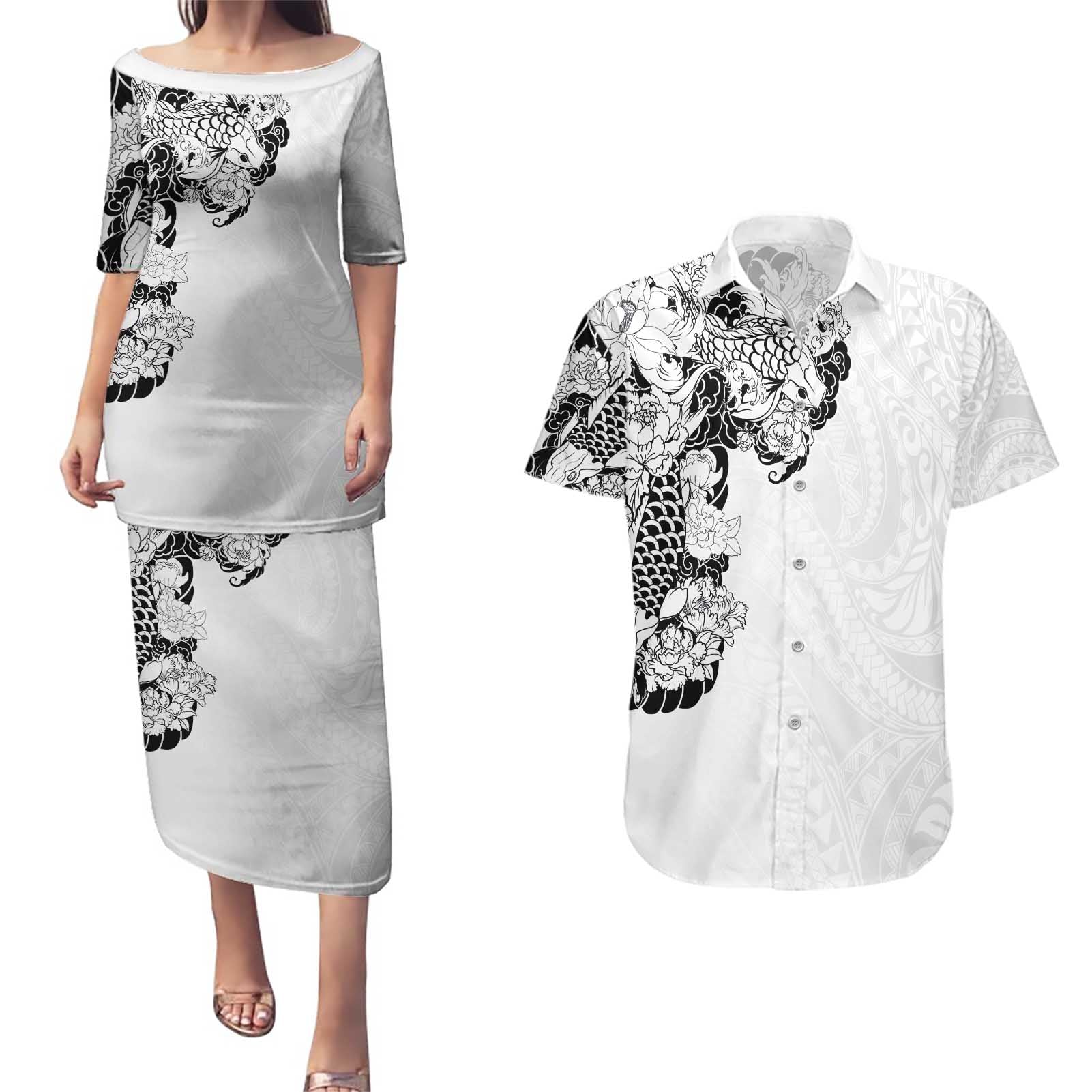 Hawaiian and Japanese Together Couples Matching Puletasi and Hawaiian Shirt Japanese Koi Fish Tattoo and Kakau Pattern White Color