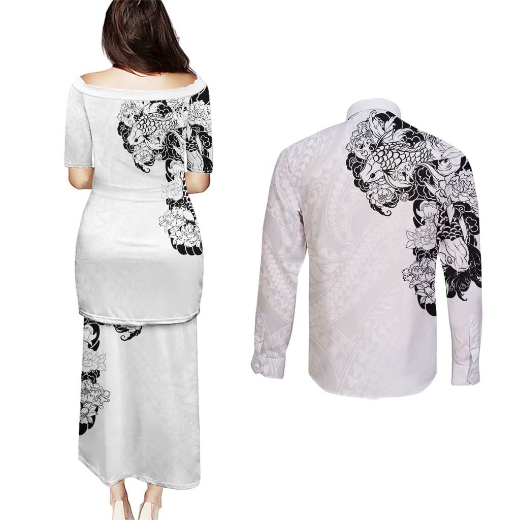 Hawaiian and Japanese Together Couples Matching Puletasi and Long Sleeve Button Shirt Japanese Koi Fish Tattoo and Kakau Pattern White Color