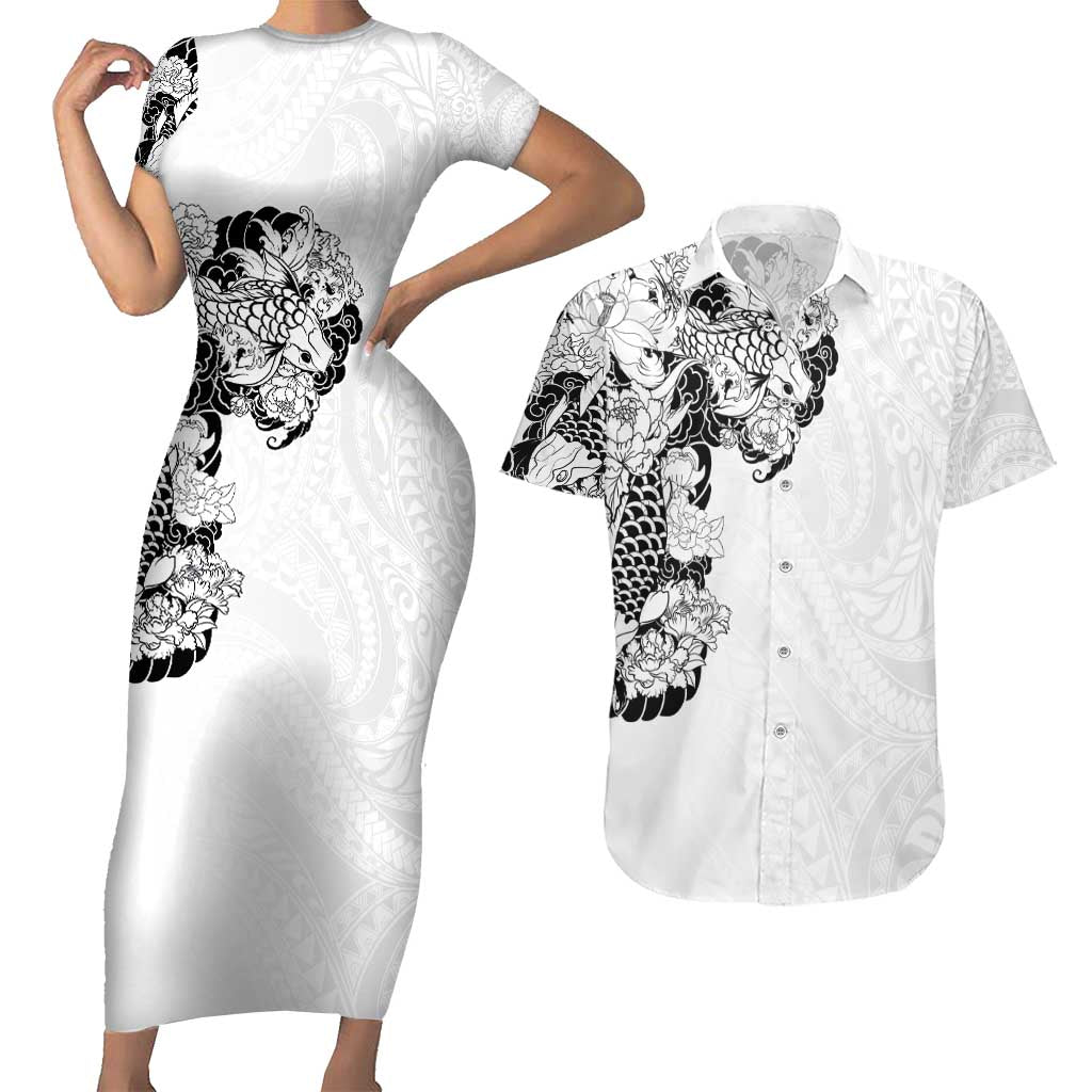 Hawaiian and Japanese Together Couples Matching Short Sleeve Bodycon Dress and Hawaiian Shirt Japanese Koi Fish Tattoo and Kakau Pattern White Color