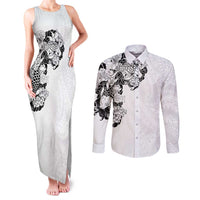 Hawaiian and Japanese Together Couples Matching Tank Maxi Dress and Long Sleeve Button Shirt Japanese Koi Fish Tattoo and Kakau Pattern White Color