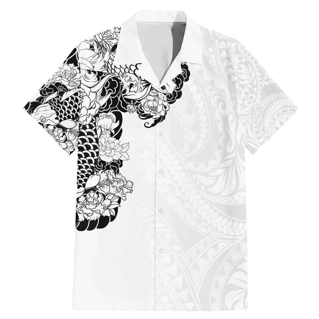 Hawaiian and Japanese Together Family Matching Mermaid Dress and Hawaiian Shirt Japanese Koi Fish Tattoo and Kakau Pattern White Color