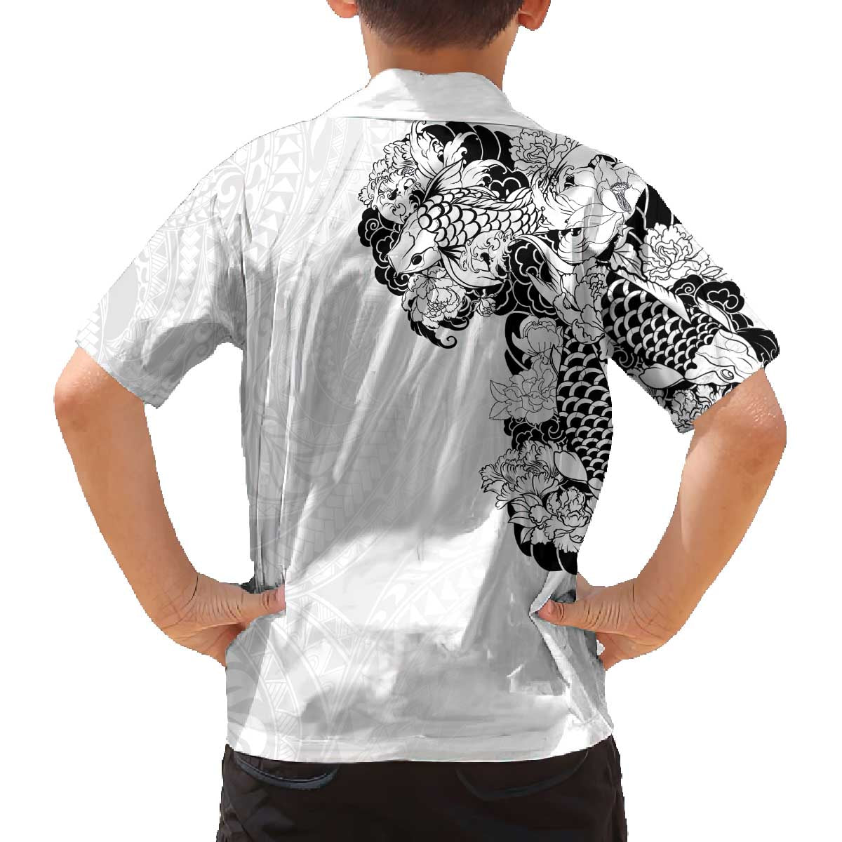 Hawaiian and Japanese Together Family Matching Puletasi and Hawaiian Shirt Japanese Koi Fish Tattoo and Kakau Pattern White Color LT03 - Polynesian Pride