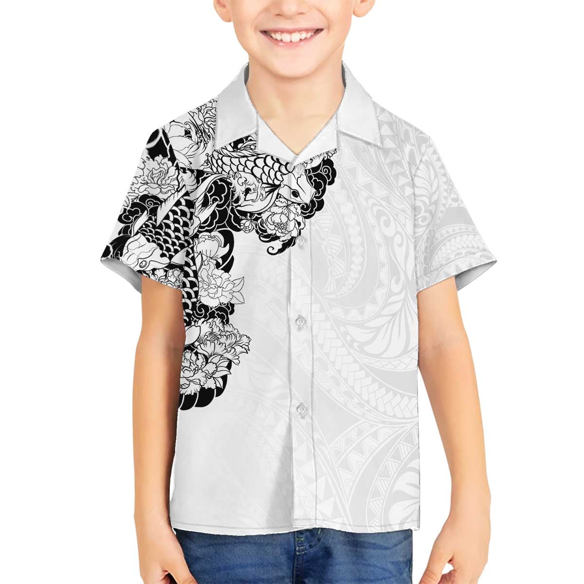 Hawaiian and Japanese Together Family Matching Puletasi and Hawaiian Shirt Japanese Koi Fish Tattoo and Kakau Pattern White Color LT03 Son's Shirt White - Polynesian Pride