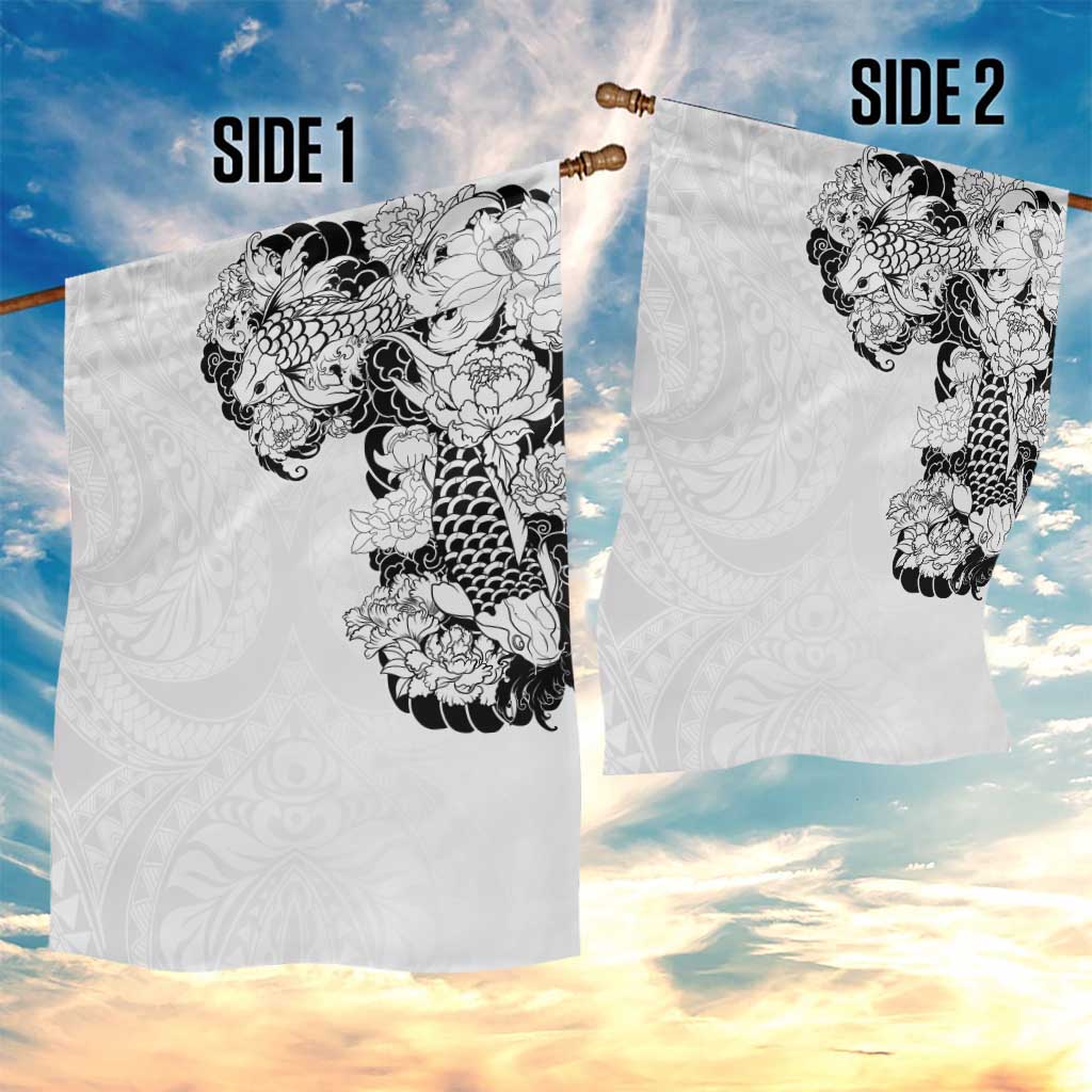 Hawaiian and Japanese Together Garden Flag Japanese Koi Fish Tattoo and Kakau Pattern White Color