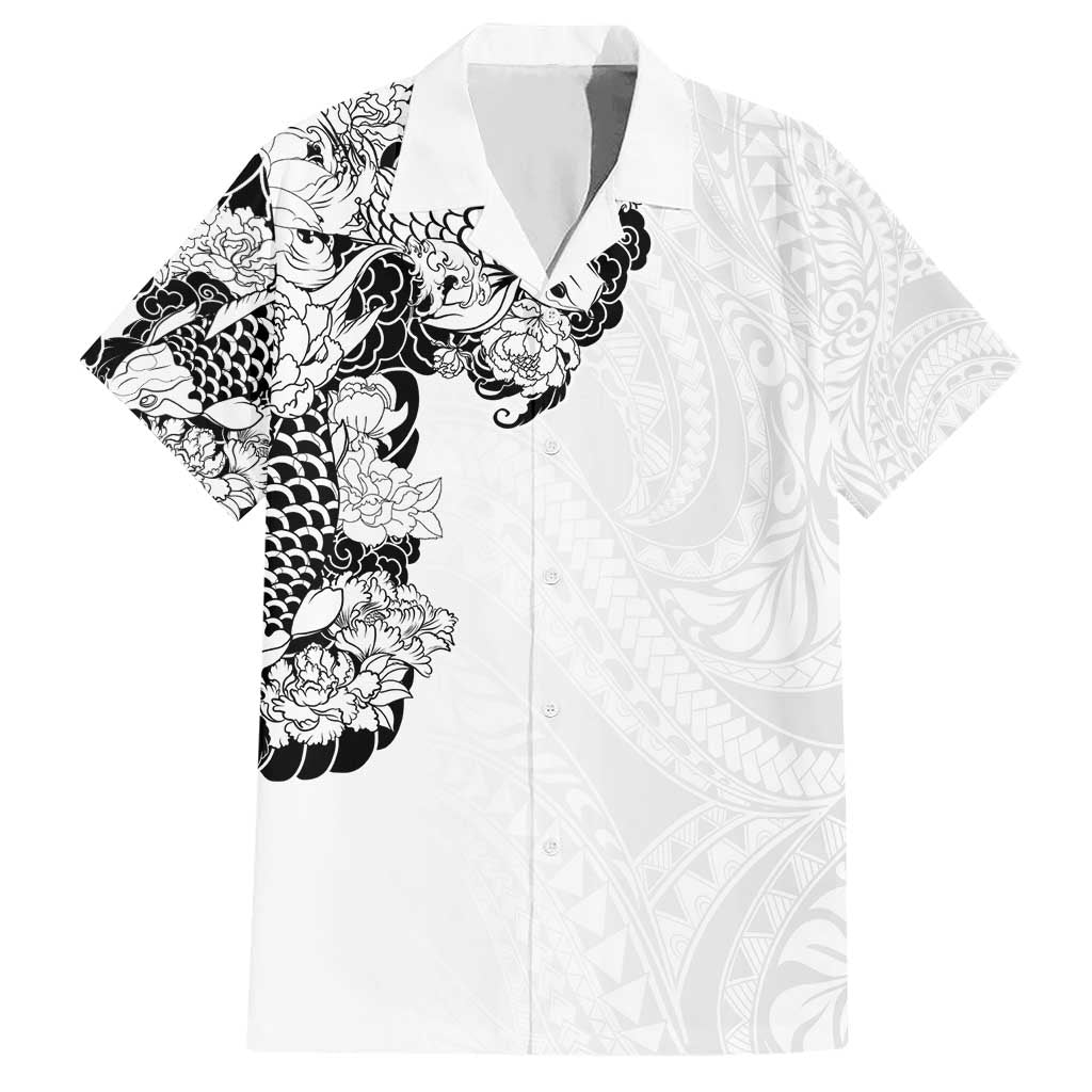 Hawaiian and Japanese Together Hawaiian Shirt Japanese Koi Fish Tattoo and Kakau Pattern White Color