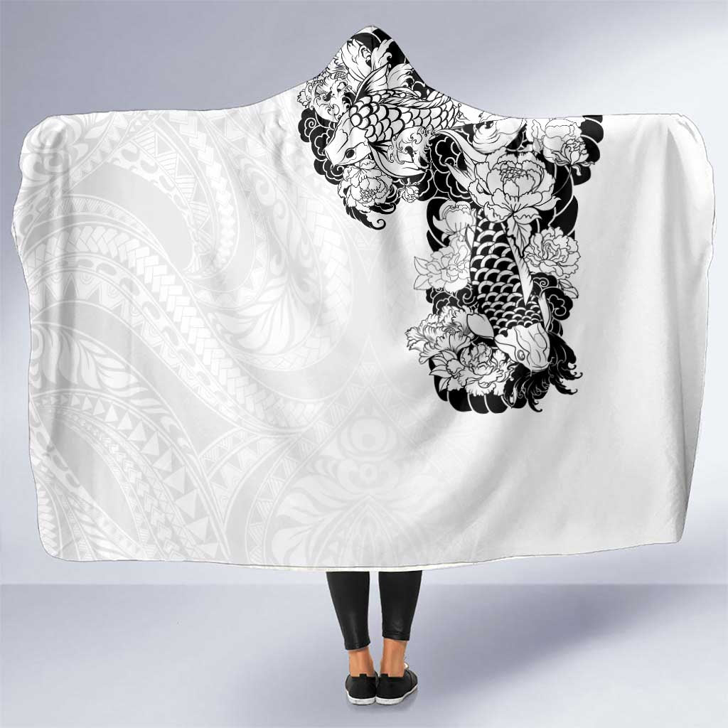 Hawaiian and Japanese Together Hooded Blanket Japanese Koi Fish Tattoo and Kakau Pattern White Color