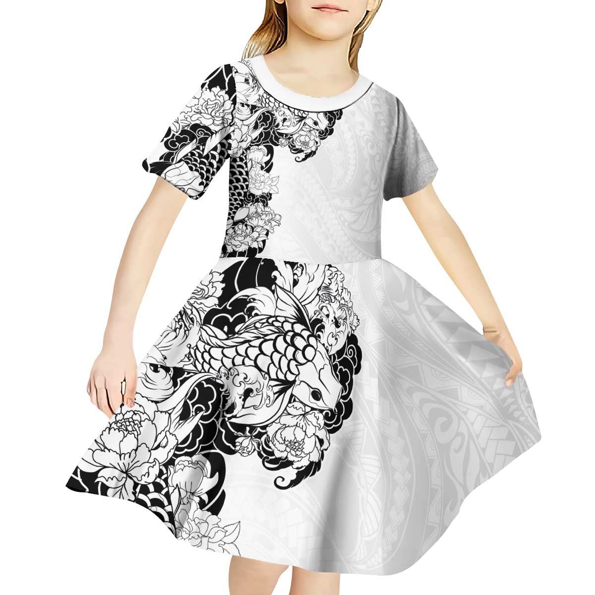Hawaiian and Japanese Together Kid Short Sleeve Dress Japanese Koi Fish Tattoo and Kakau Pattern White Color