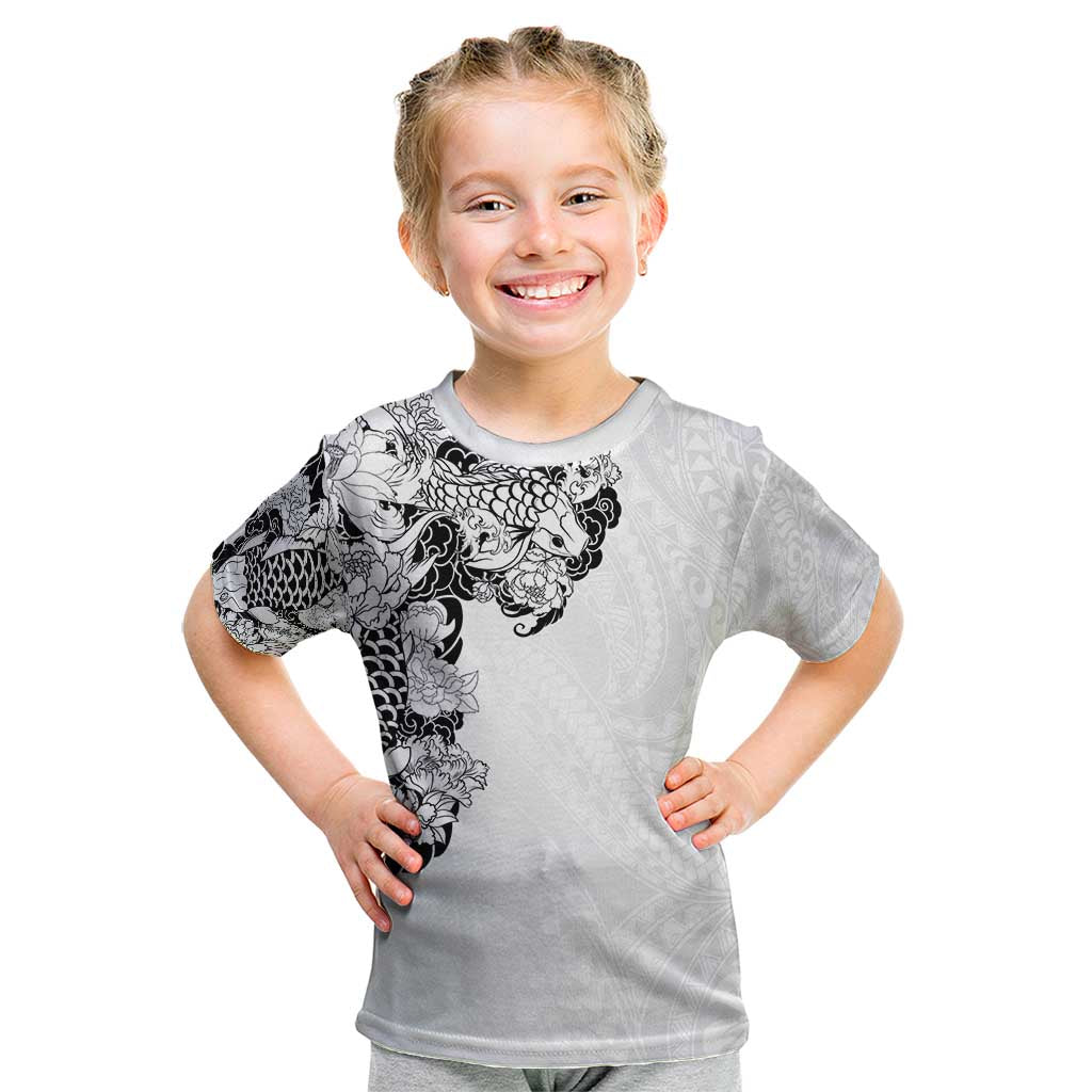 Hawaiian and Japanese Together Kid T Shirt Japanese Koi Fish Tattoo and Kakau Pattern White Color