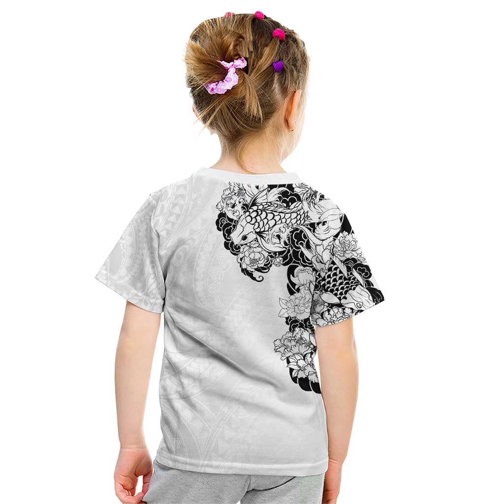 Hawaiian and Japanese Together Kid T Shirt Japanese Koi Fish Tattoo and Kakau Pattern White Color