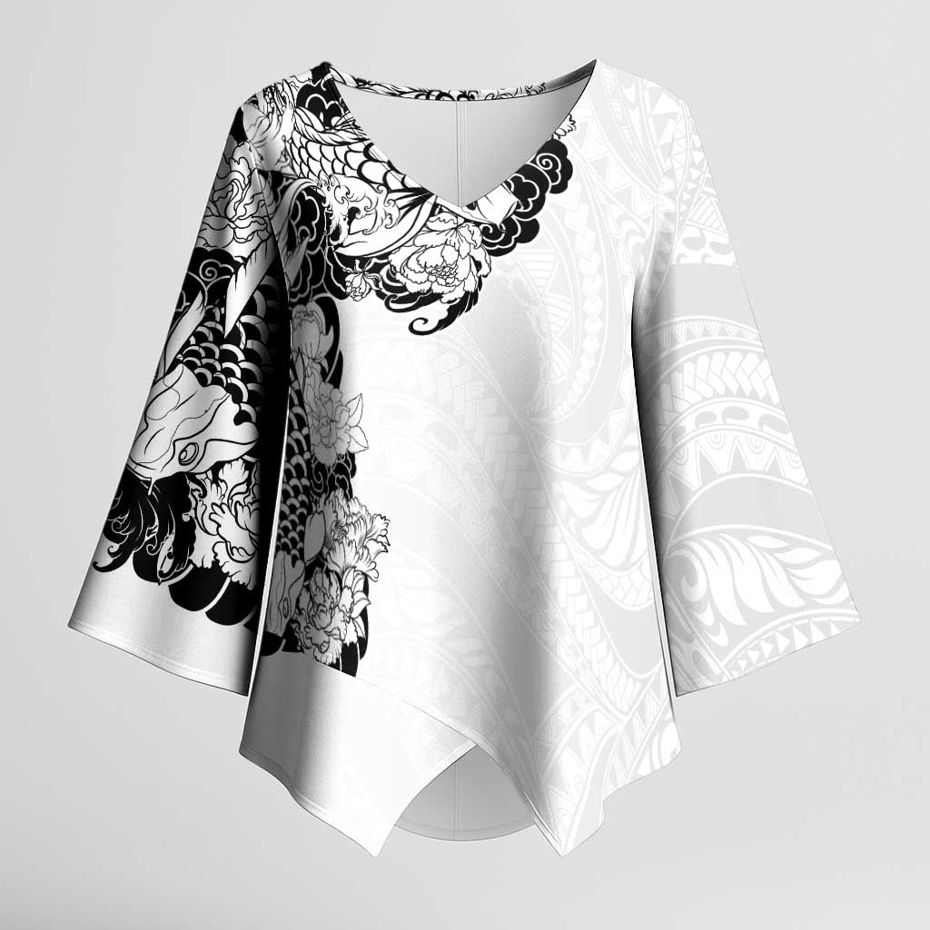 Hawaiian and Japanese Together Kimono Sleeve Blouse Japanese Koi Fish Tattoo and Kakau Pattern White Color - Polynesian Pride
