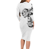 Hawaiian and Japanese Together Long Sleeve Bodycon Dress Japanese Koi Fish Tattoo and Kakau Pattern White Color LT03 - Polynesian Pride