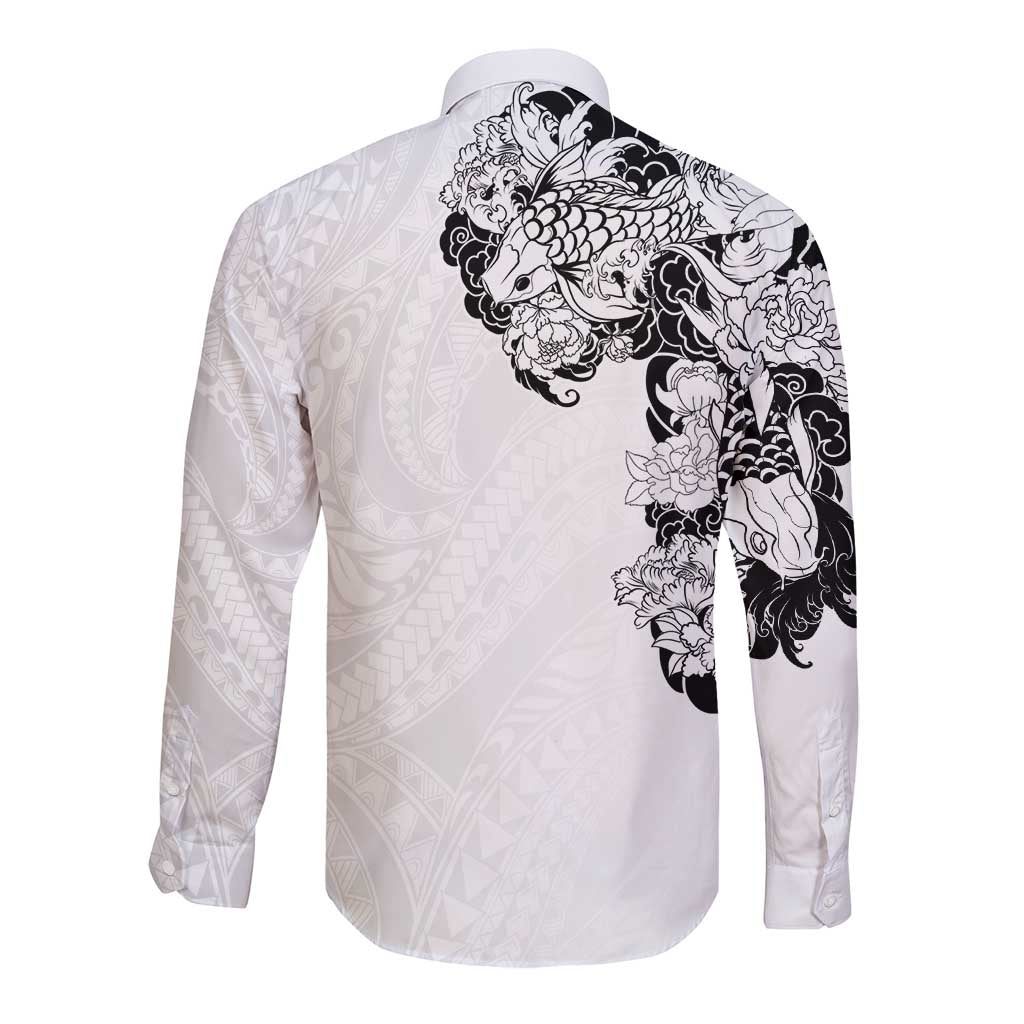 Hawaiian and Japanese Together Long Sleeve Button Shirt Japanese Koi Fish Tattoo and Kakau Pattern White Color