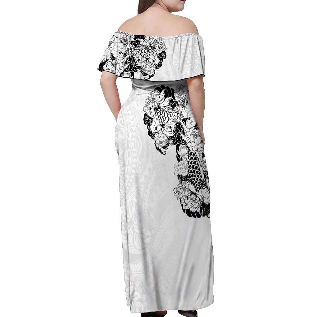 Hawaiian and Japanese Together Off Shoulder Maxi Dress Japanese Koi Fish Tattoo and Kakau Pattern White Color
