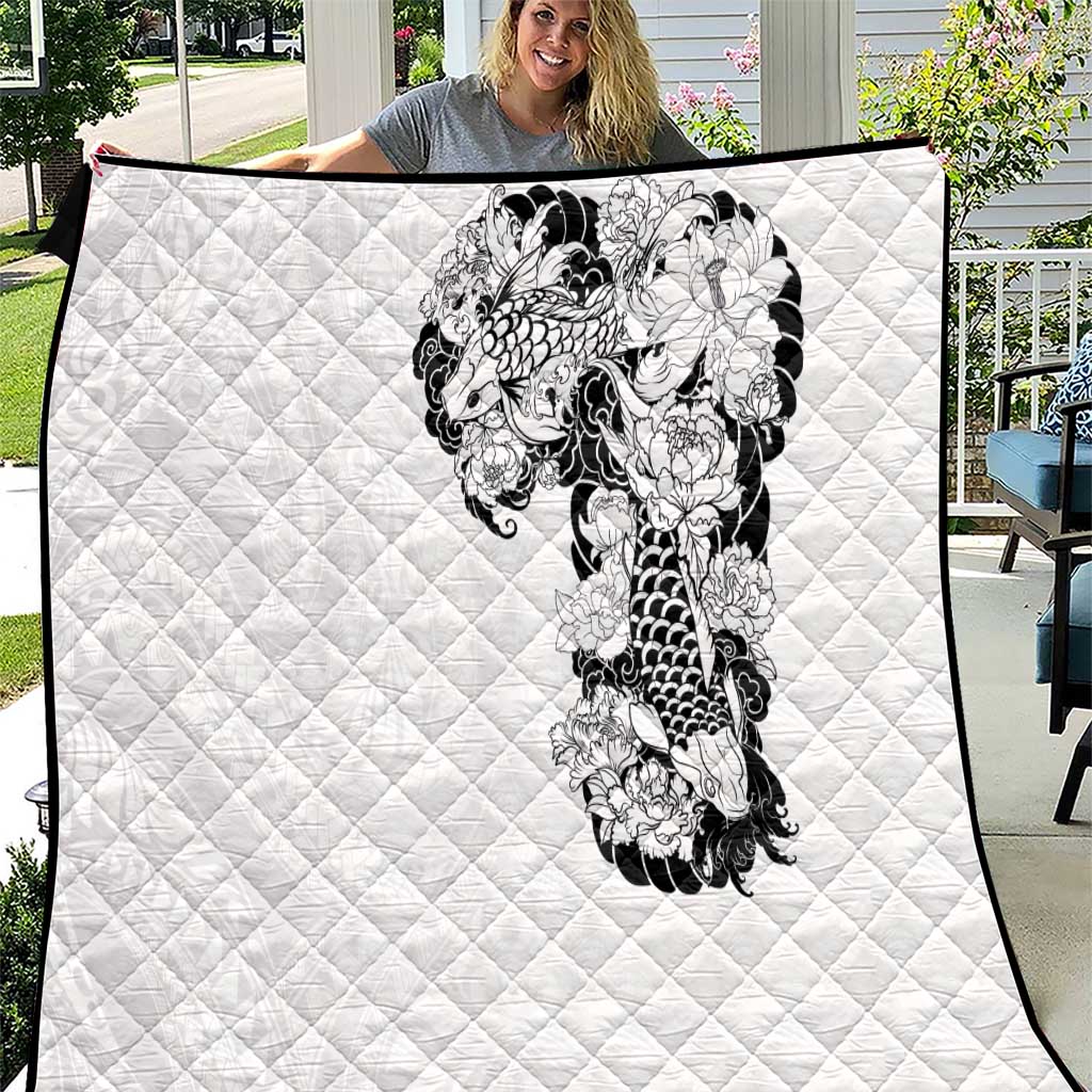 Hawaiian and Japanese Together Quilt Japanese Koi Fish Tattoo and Kakau Pattern White Color