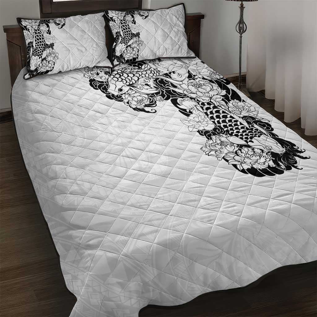 Hawaiian and Japanese Together Quilt Bed Set Japanese Koi Fish Tattoo and Kakau Pattern White Color