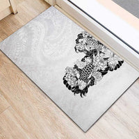 Hawaiian and Japanese Together Rubber Doormat Japanese Koi Fish Tattoo and Kakau Pattern White Color