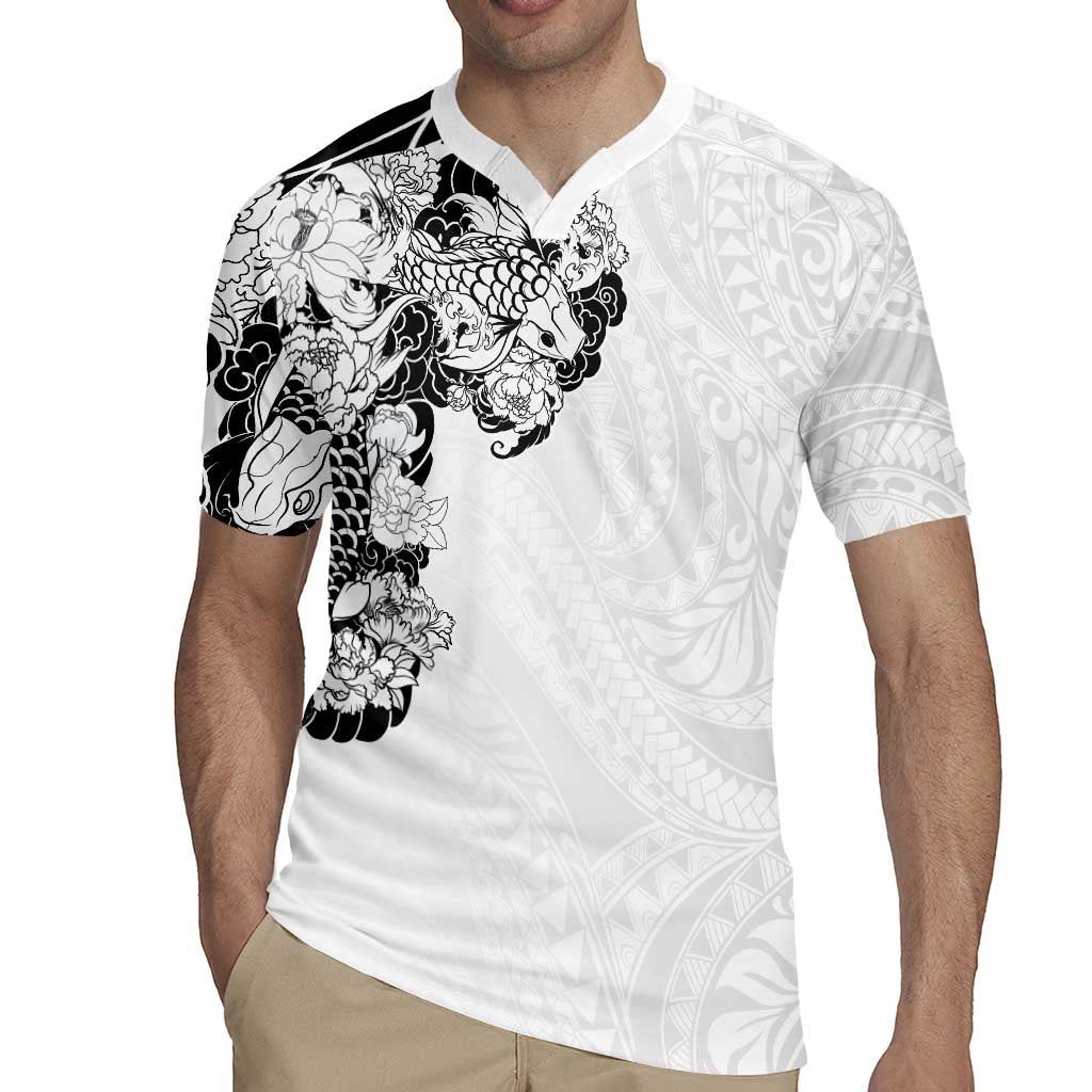 Hawaiian and Japanese Together Rugby Jersey Japanese Koi Fish Tattoo and Kakau Pattern White Color