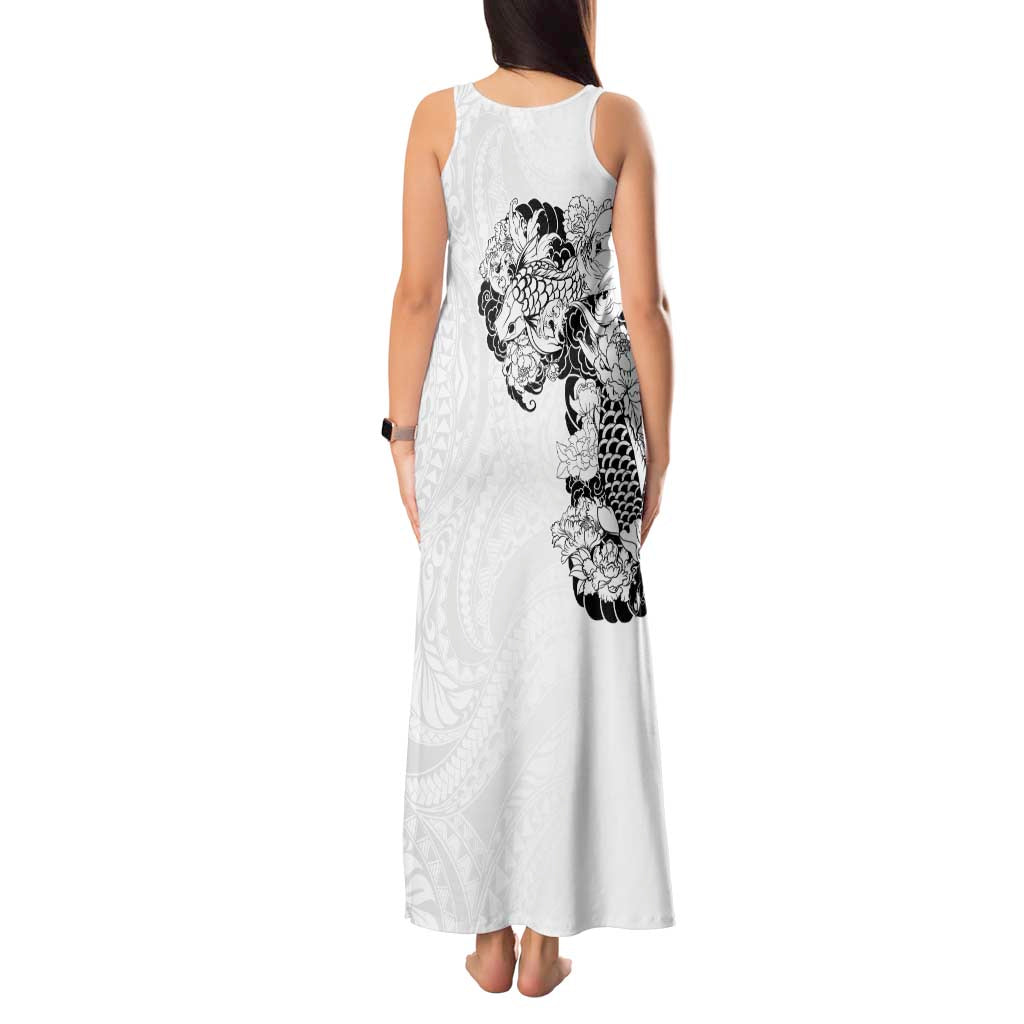 Hawaiian and Japanese Together Tank Maxi Dress Japanese Koi Fish Tattoo and Kakau Pattern White Color