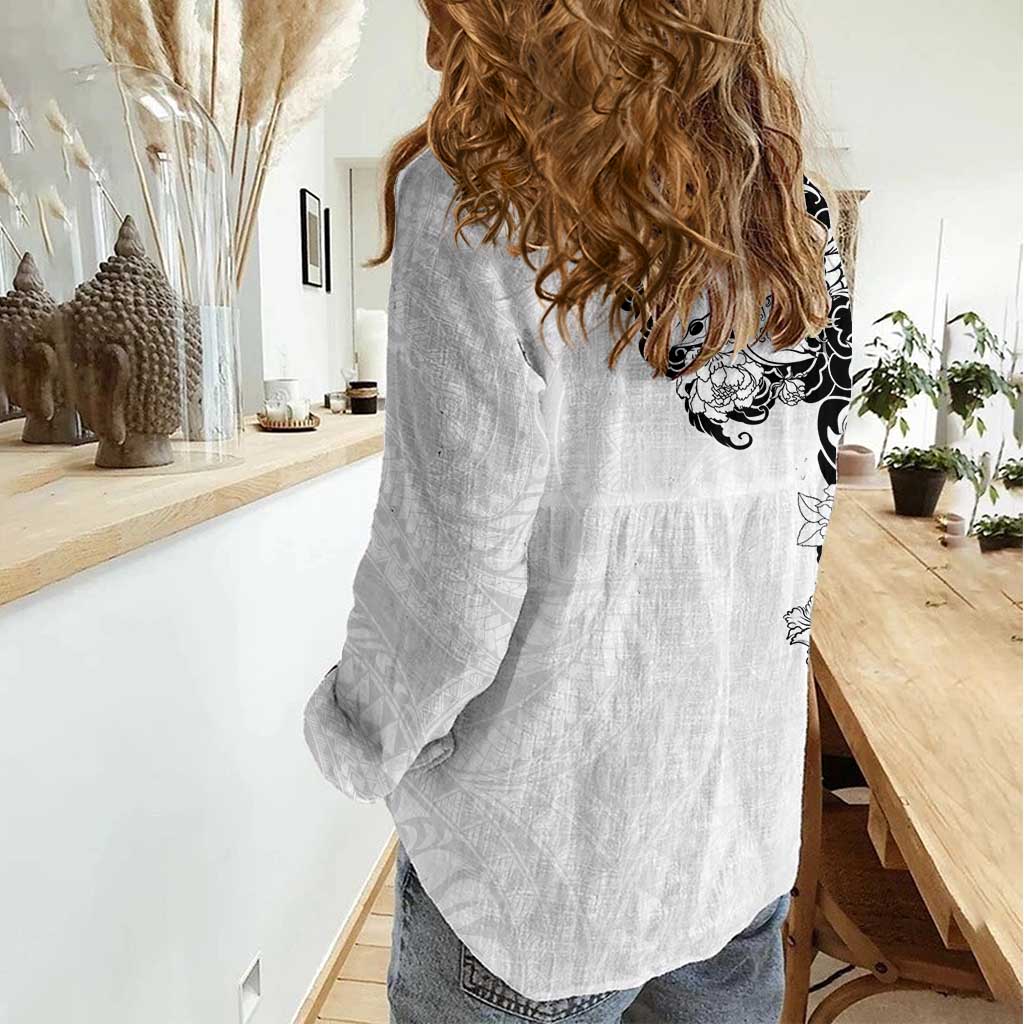 Hawaiian and Japanese Together Women Casual Shirt Japanese Koi Fish Tattoo and Kakau Pattern White Color