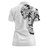 Hawaiian and Japanese Together Women Polo Shirt Japanese Koi Fish Tattoo and Kakau Pattern White Color