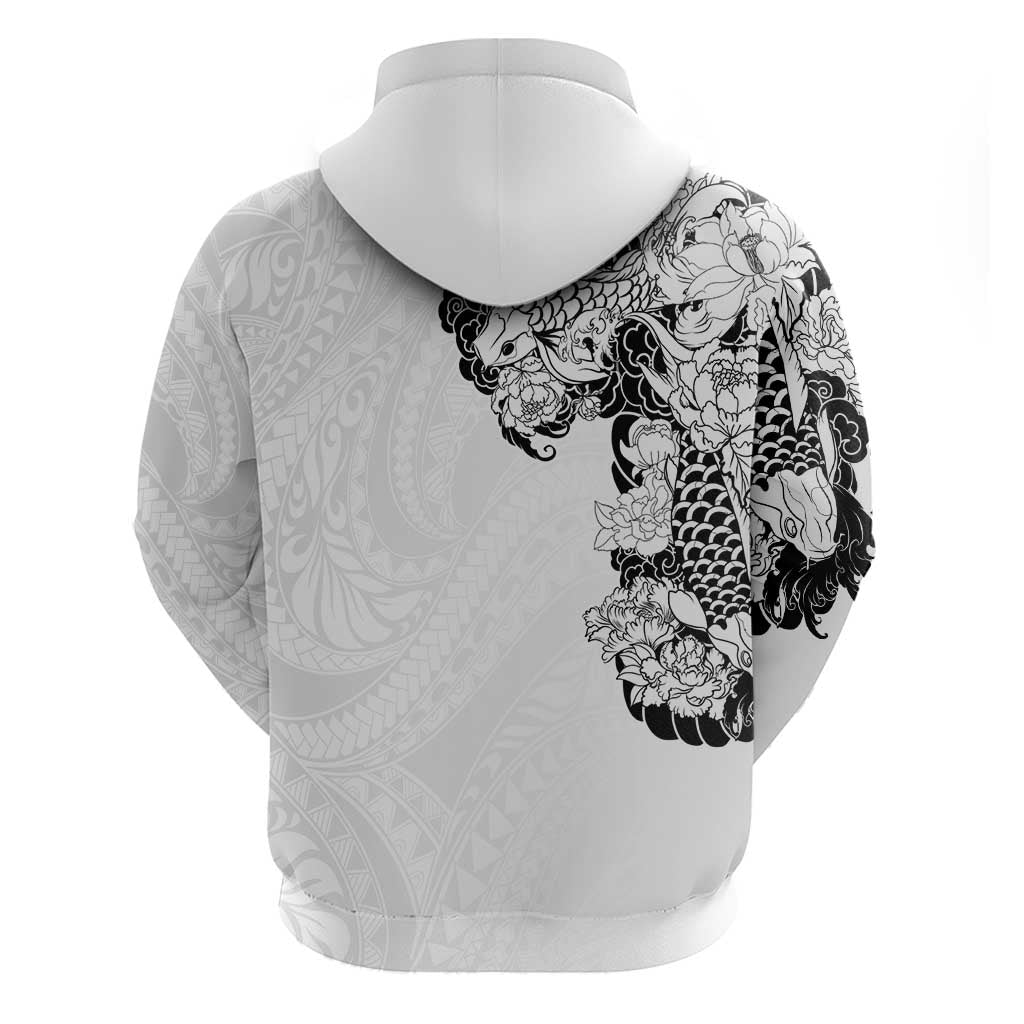 Hawaiian and Japanese Together Zip Hoodie Japanese Koi Fish Tattoo and Kakau Pattern White Color