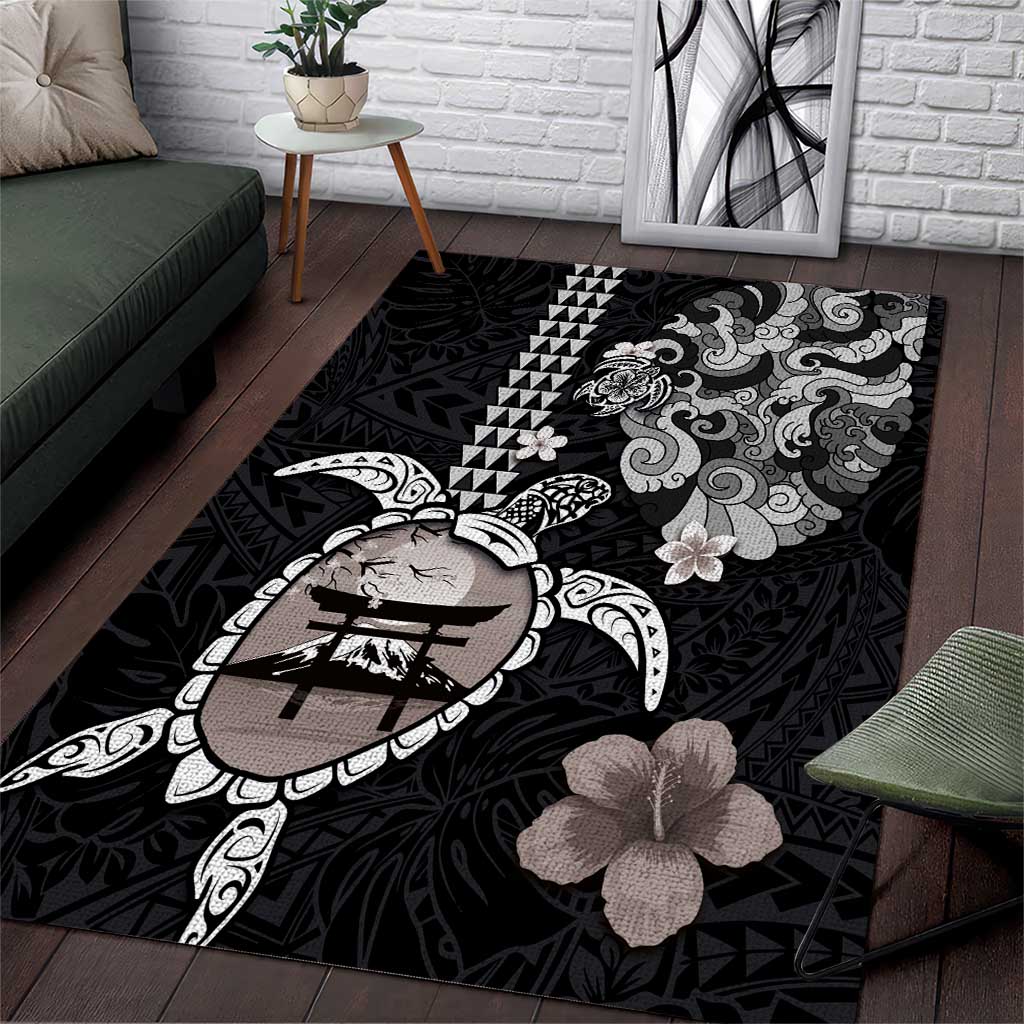 Hawaiian and Japanese Together Area Rug Japanese Culture and Turtle Kakau Tattoo Black Color