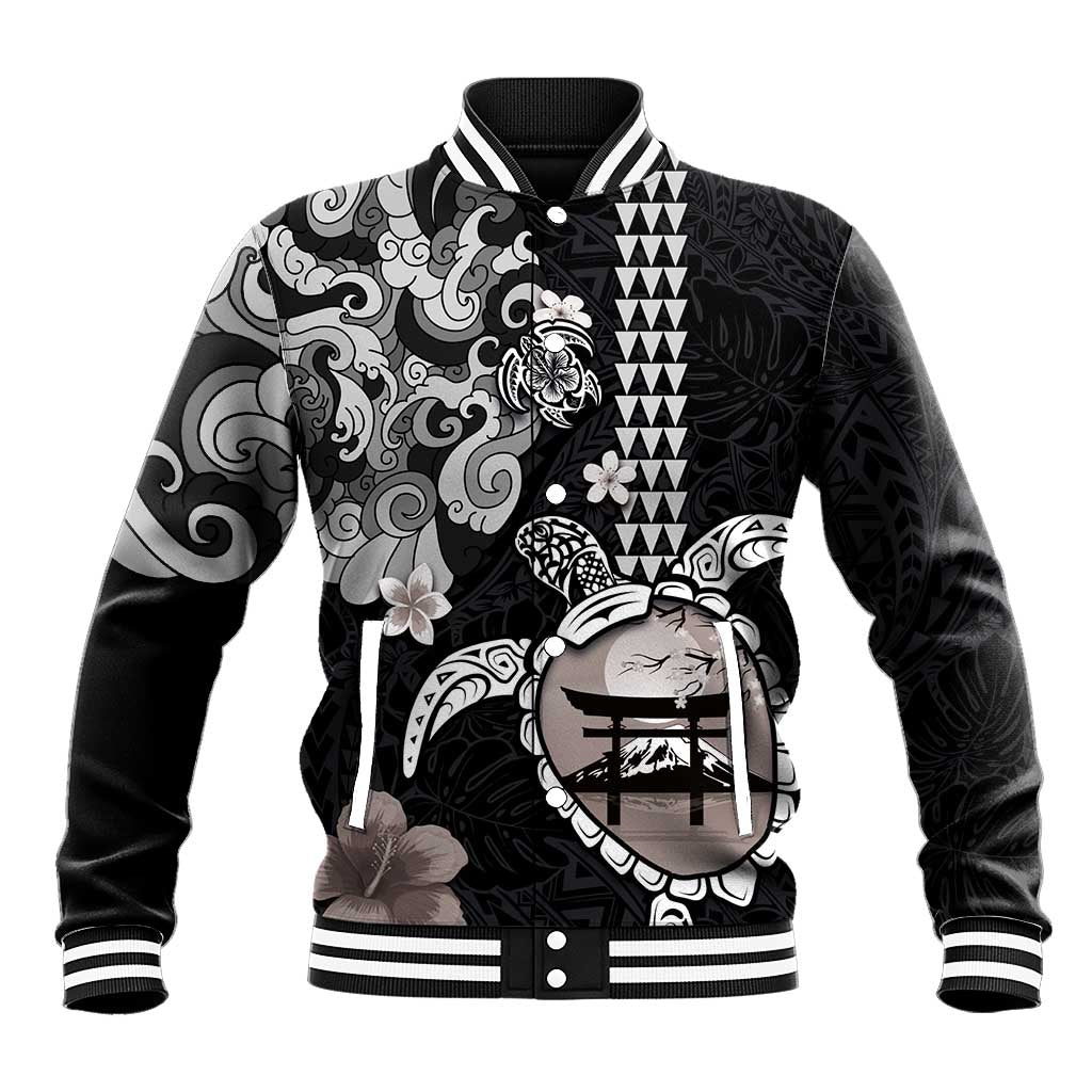 Hawaiian and Japanese Together Baseball Jacket Japanese Culture and Turtle Kakau Tattoo Black Color