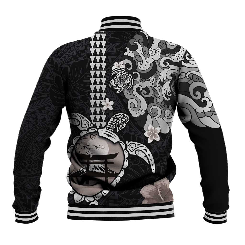 Hawaiian and Japanese Together Baseball Jacket Japanese Culture and Turtle Kakau Tattoo Black Color