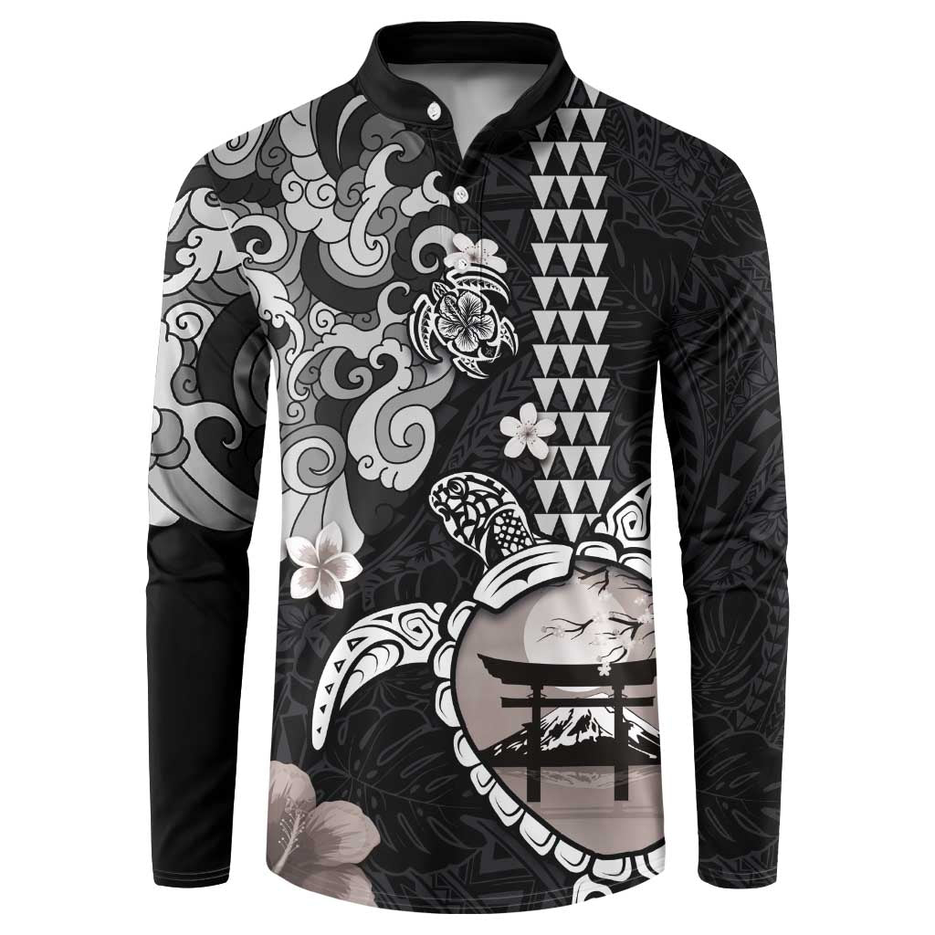 Hawaiian and Japanese Together Button Sweatshirt Japanese Culture and Turtle Kakau Tattoo Black Color