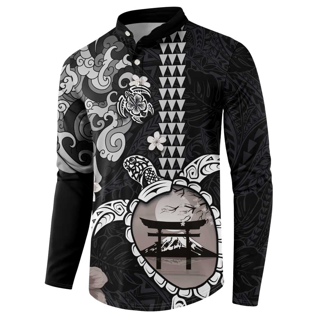 Hawaiian and Japanese Together Button Sweatshirt Japanese Culture and Turtle Kakau Tattoo Black Color