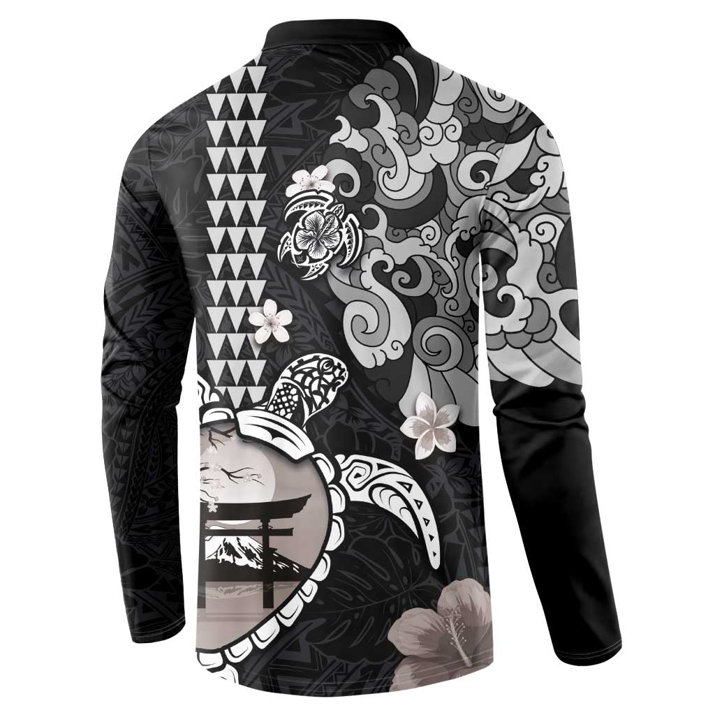 Hawaiian and Japanese Together Button Sweatshirt Japanese Culture and Turtle Kakau Tattoo Black Color