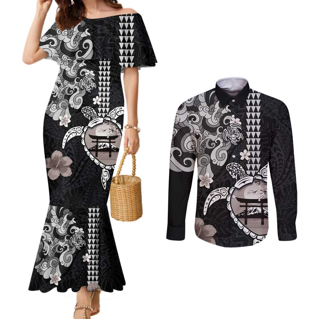 Hawaiian and Japanese Together Couples Matching Mermaid Dress and Long Sleeve Button Shirt Japanese Culture and Turtle Kakau Tattoo Black Color