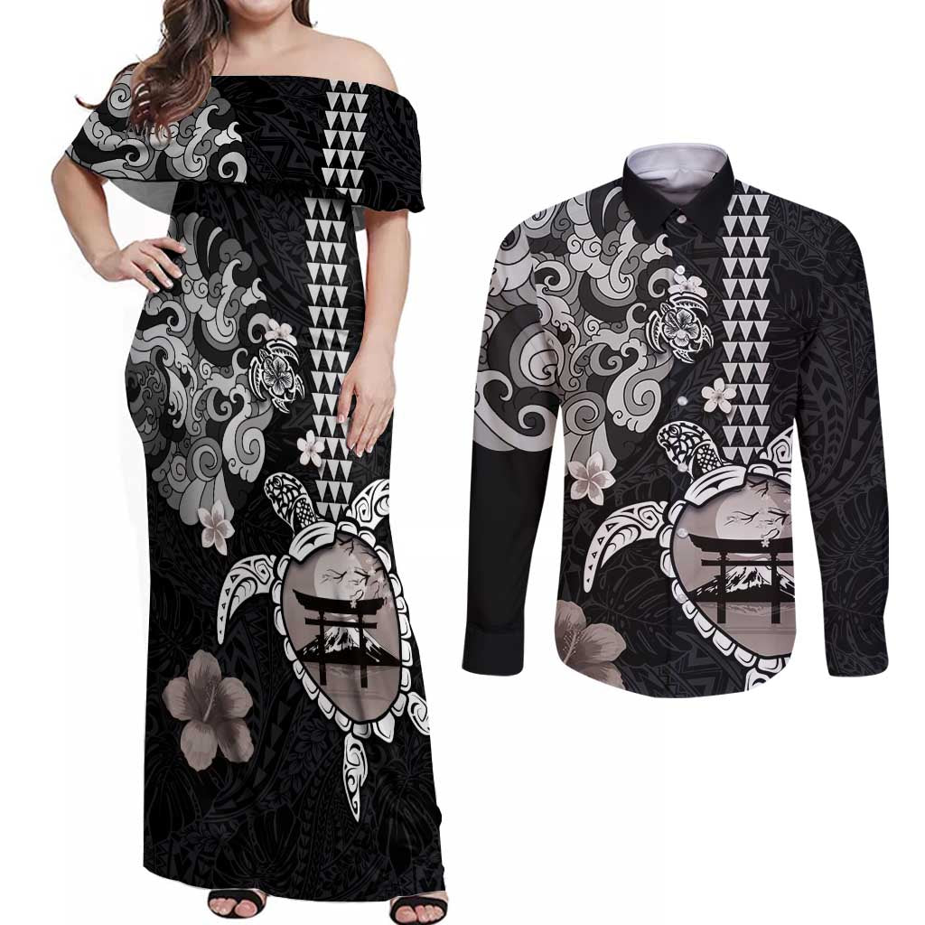 Hawaiian and Japanese Together Couples Matching Off Shoulder Maxi Dress and Long Sleeve Button Shirt Japanese Culture and Turtle Kakau Tattoo Black Color