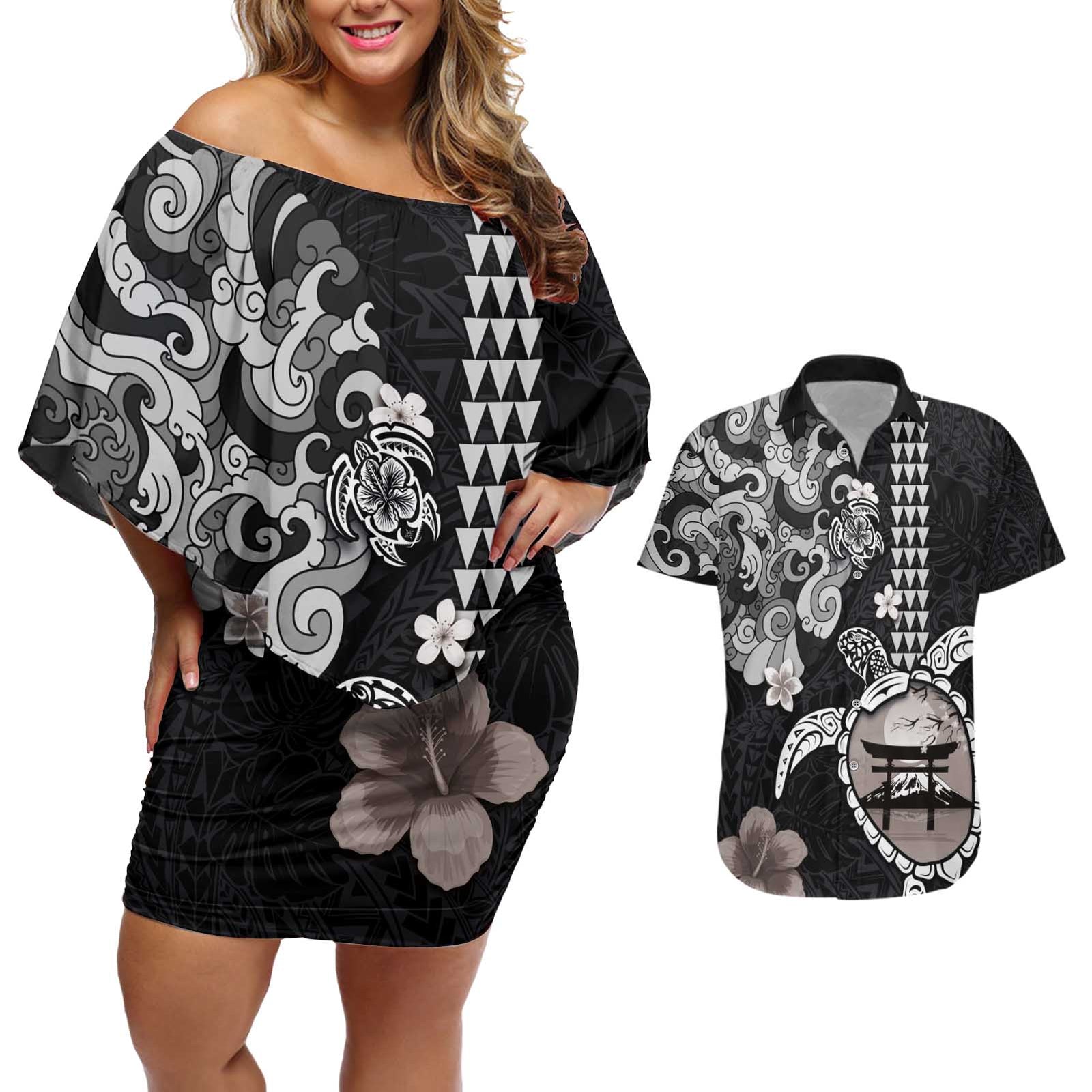 Hawaiian and Japanese Together Couples Matching Off Shoulder Short Dress and Hawaiian Shirt Japanese Culture and Turtle Kakau Tattoo Black Color