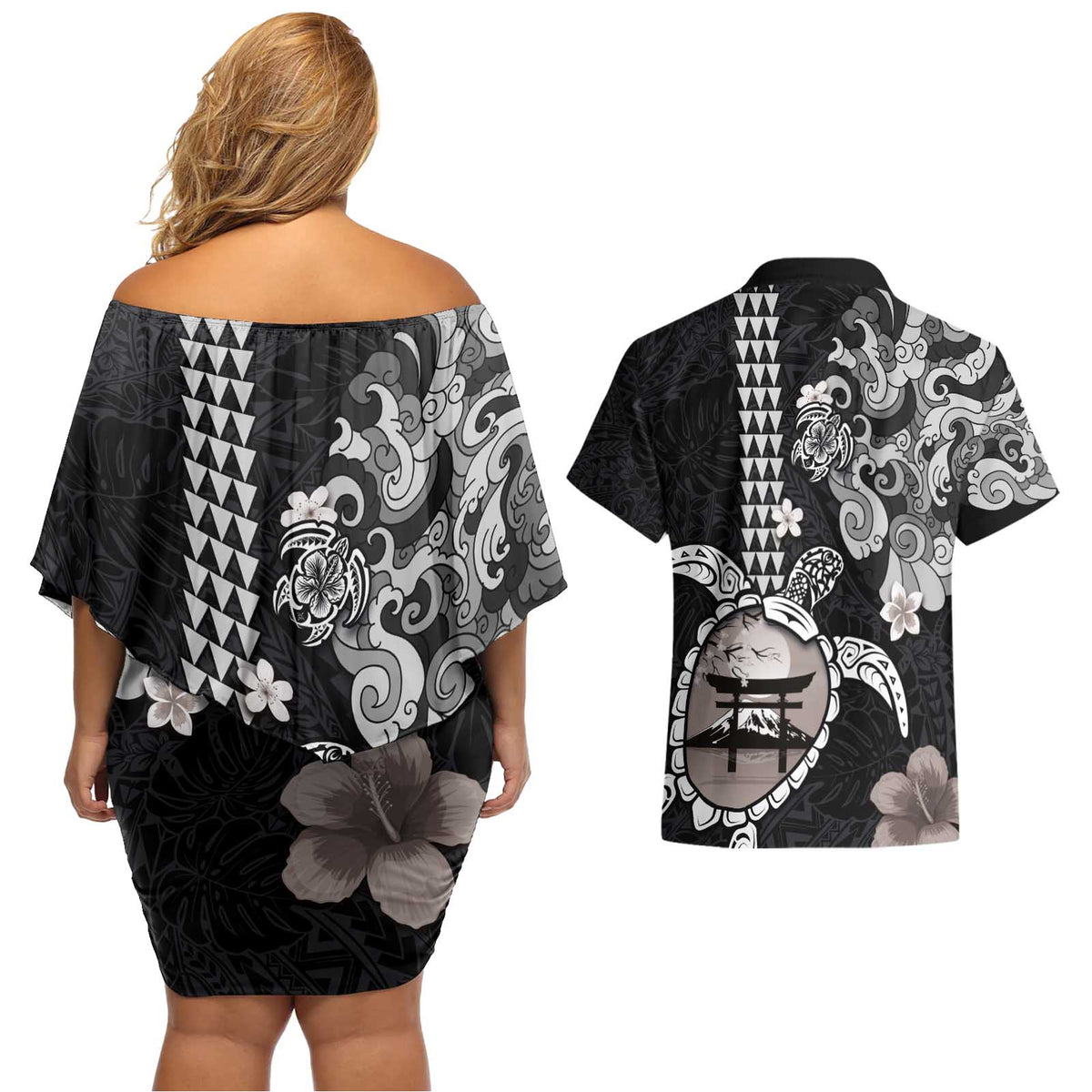 Hawaiian and Japanese Together Couples Matching Off Shoulder Short Dress and Hawaiian Shirt Japanese Culture and Turtle Kakau Tattoo Black Color
