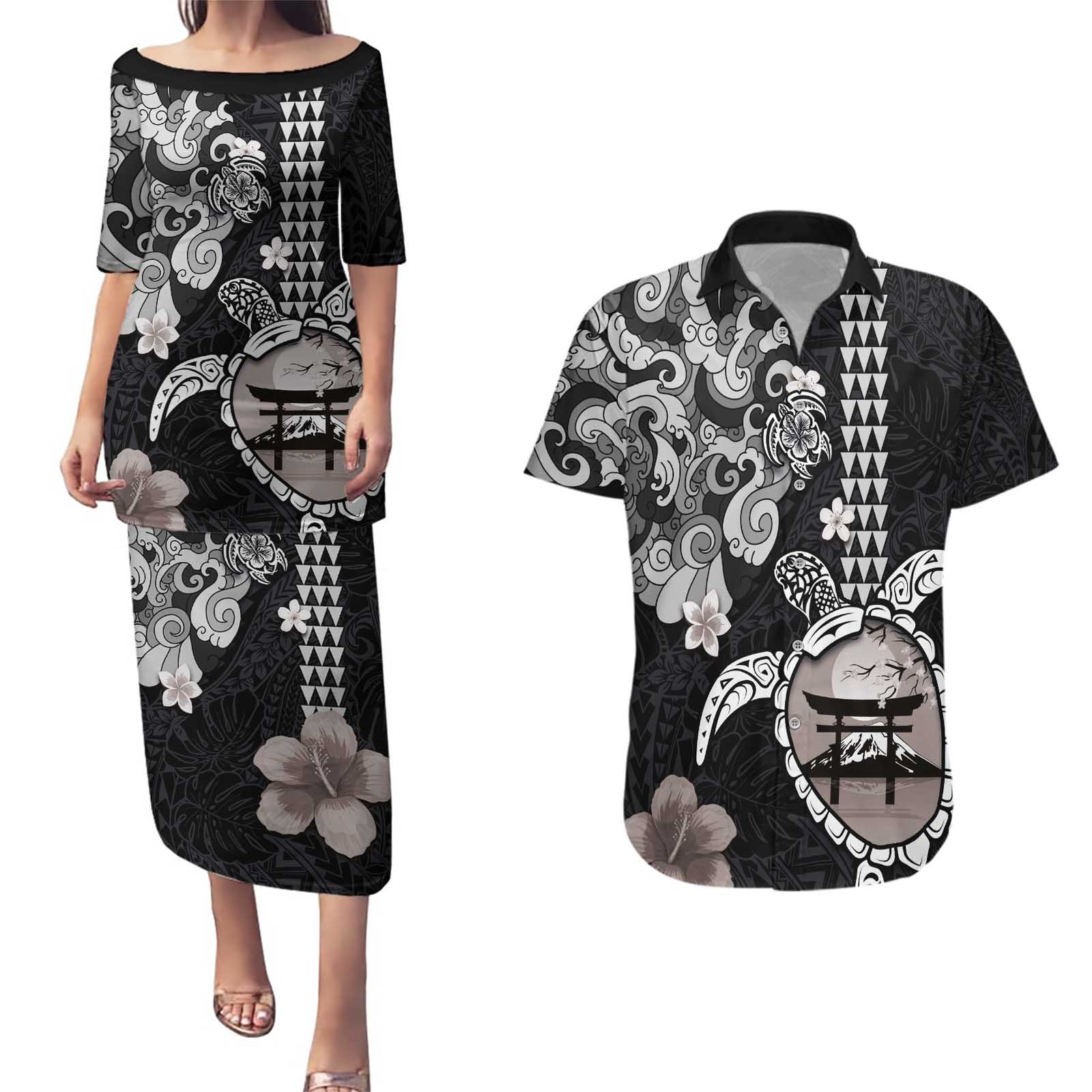 Hawaiian and Japanese Together Couples Matching Puletasi and Hawaiian Shirt Japanese Culture and Turtle Kakau Tattoo Black Color