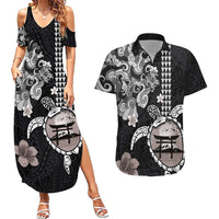 Hawaiian and Japanese Together Couples Matching Summer Maxi Dress and Hawaiian Shirt Japanese Culture and Turtle Kakau Tattoo Black Color