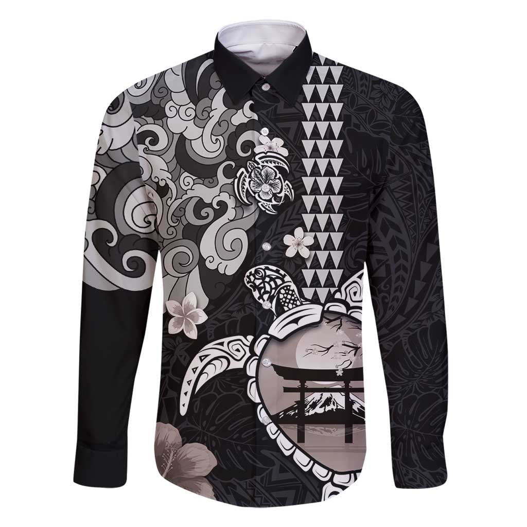 Hawaiian and Japanese Together Family Matching Long Sleeve Bodycon Dress and Hawaiian Shirt Japanese Culture and Turtle Kakau Tattoo Black Color