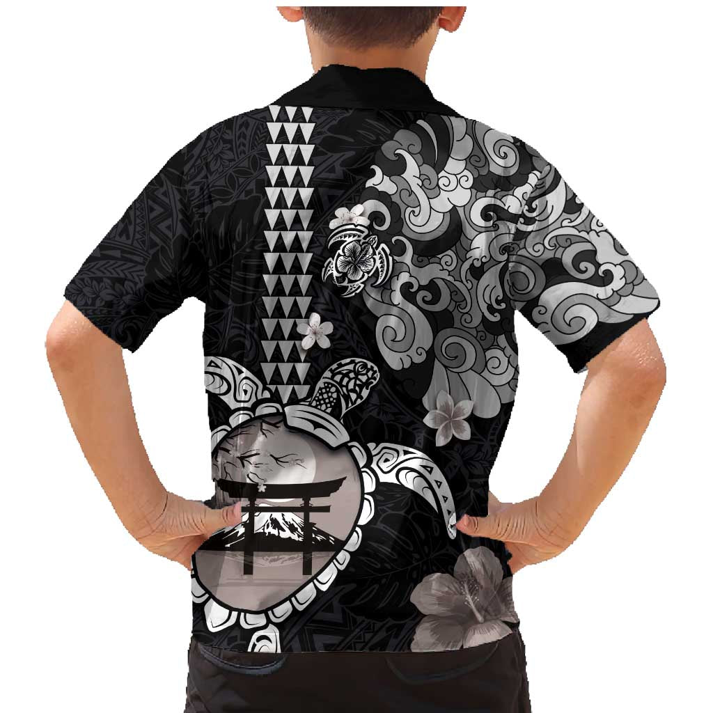 Hawaiian and Japanese Together Family Matching Mermaid Dress and Hawaiian Shirt Japanese Culture and Turtle Kakau Tattoo Black Color