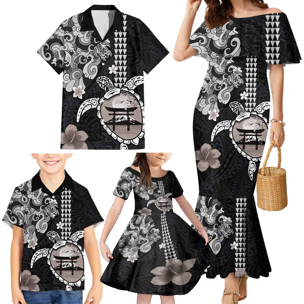 Hawaiian and Japanese Together Family Matching Mermaid Dress and Hawaiian Shirt Japanese Culture and Turtle Kakau Tattoo Black Color
